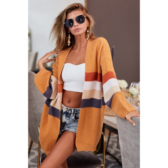 Sweaters - SOLD OUT Camel Multi Stripe Block Open Front Puff Long Sleeve Cardigan Sweater